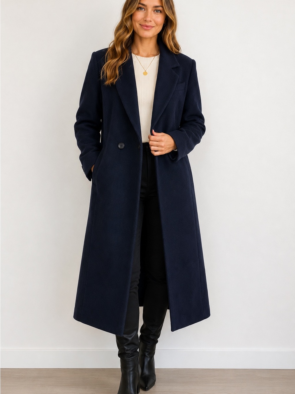 Ashley Scott 100% Wool Long Navy Trench coat vintage 10-12 Large Made in USA